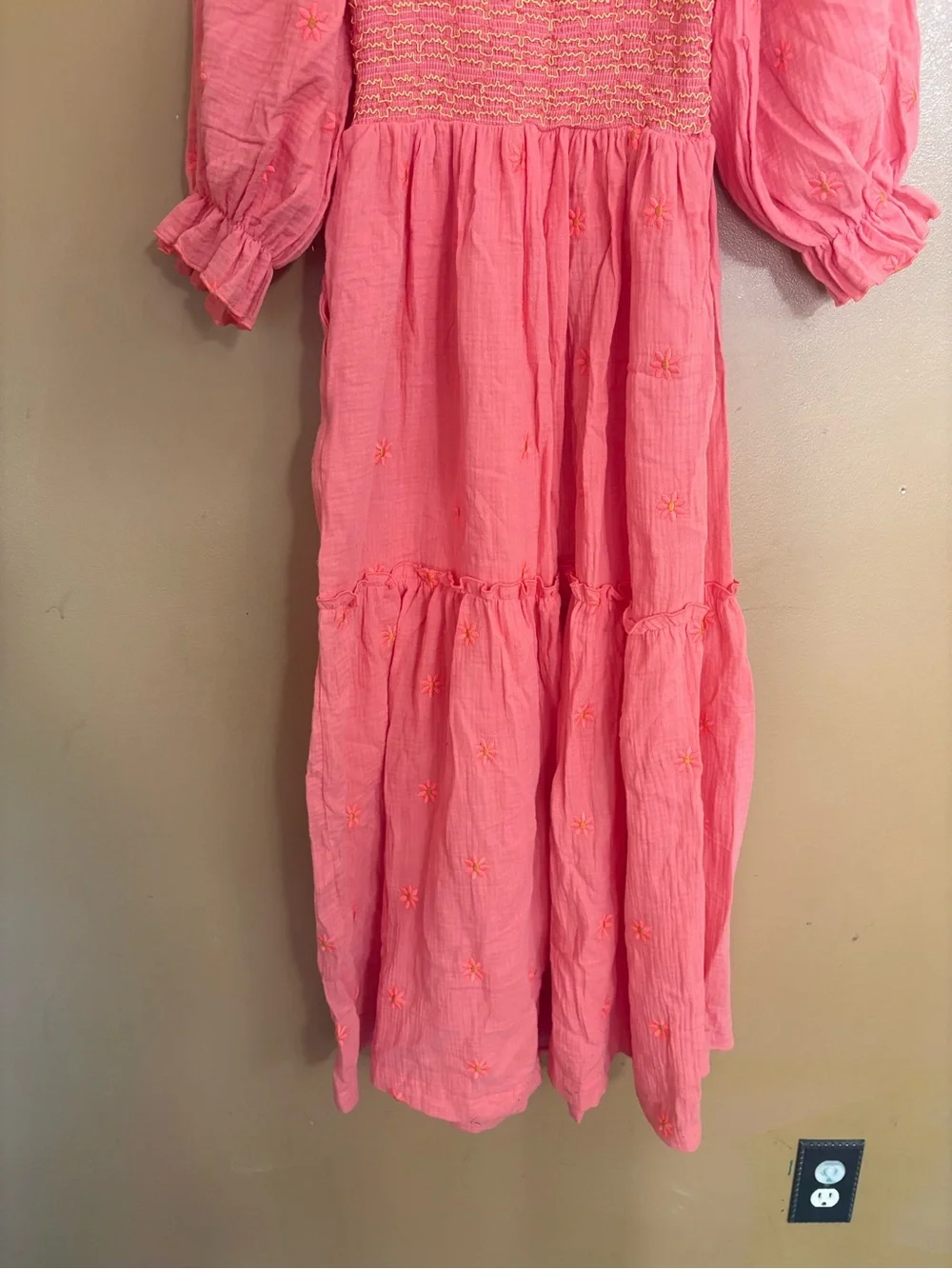 Coral Pink Smocked Midi Dress with Puff Sleeves